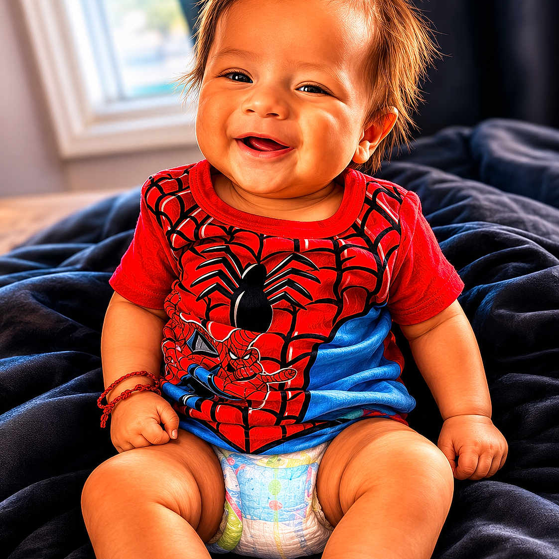 Enzo is registered to the contest to win money with this photo: baby, smiling, child, diaper, red_shirt, spiderman, indoor, blanket, happy, cute, toddler, sitting, hair, face, person, portrait, skin, clothing, window, bracelet