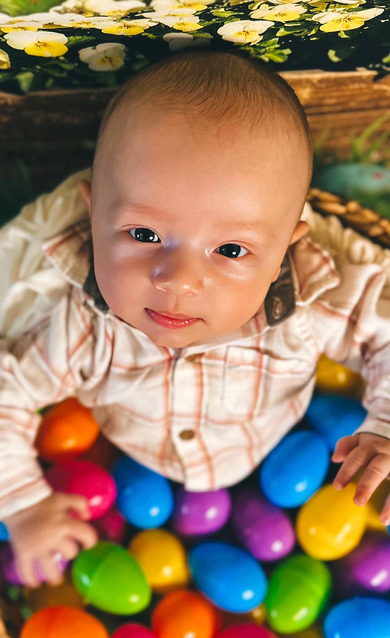 Gatlin is registered to the contest to win money with this photo: baby, baby_toddler_clothing, ball_pit, cheek, child, eye, face, facial_expression, fun, happy, head, iris, nose, organ, people, person, photograph, product, skin, toddler