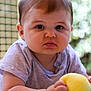 baby, child, infant, face, eyes, cheeks, arm, hand, toy, yellow_ball, clothing, shirt, skin, portrait, closeup, indoor, soft_light, curious, lying_down, cute