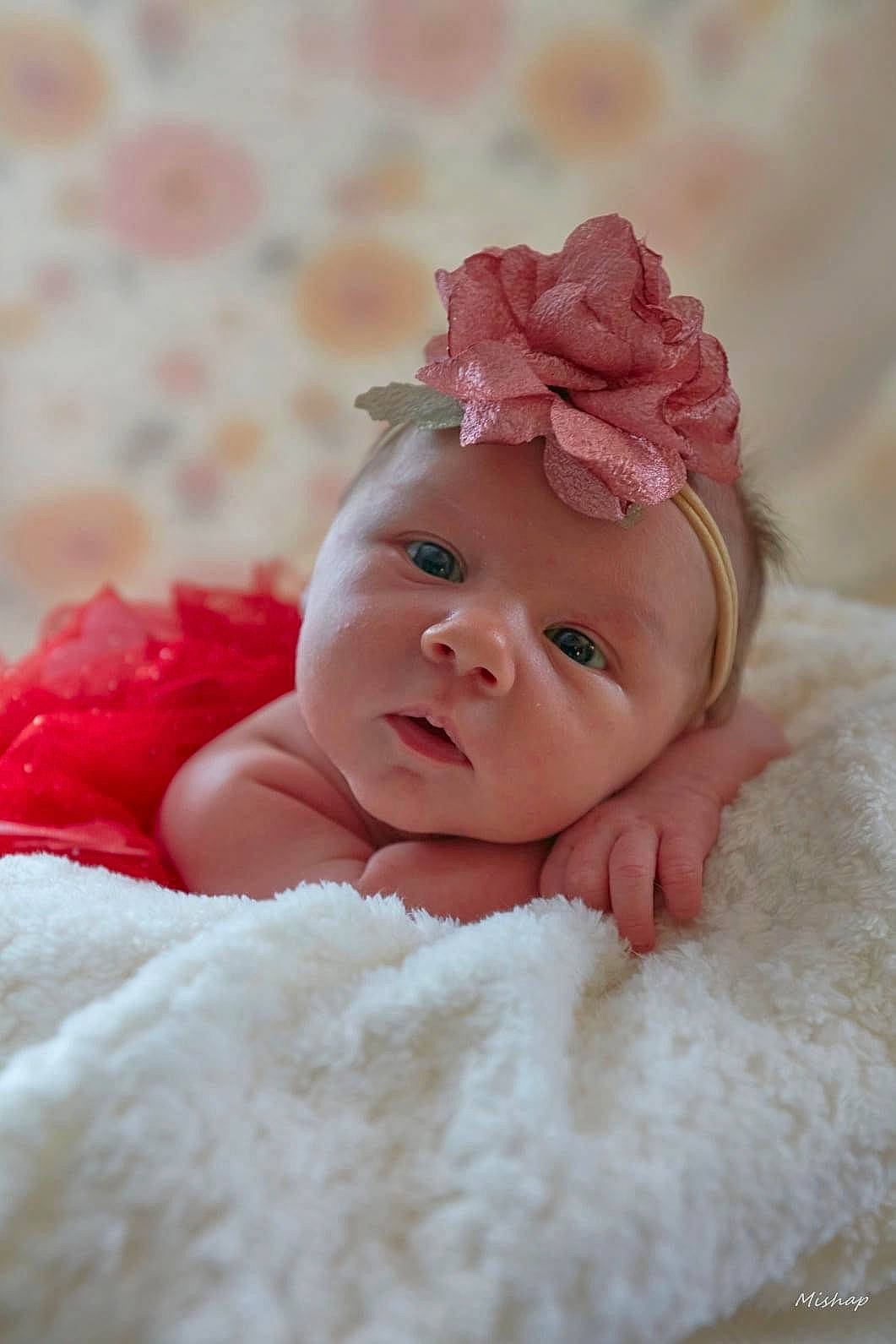 Scarlett joined the competition — help win amazing prizes! baby, baby_sleeping, baby_toddler_clothing, chin, close_up, comfort, face, happy, headband, headgear, headpiece, iris, linens, lip, person, petal, pink, skin, textile, toddler