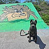 King joined the competition — help win amazing prizes! dog, graffiti, outdoor, concrete, leash, green, blue_sky, cartoon, art, wall, shadow, plant, fence, expression, sitting, sunny, daytime, canine, urban, park