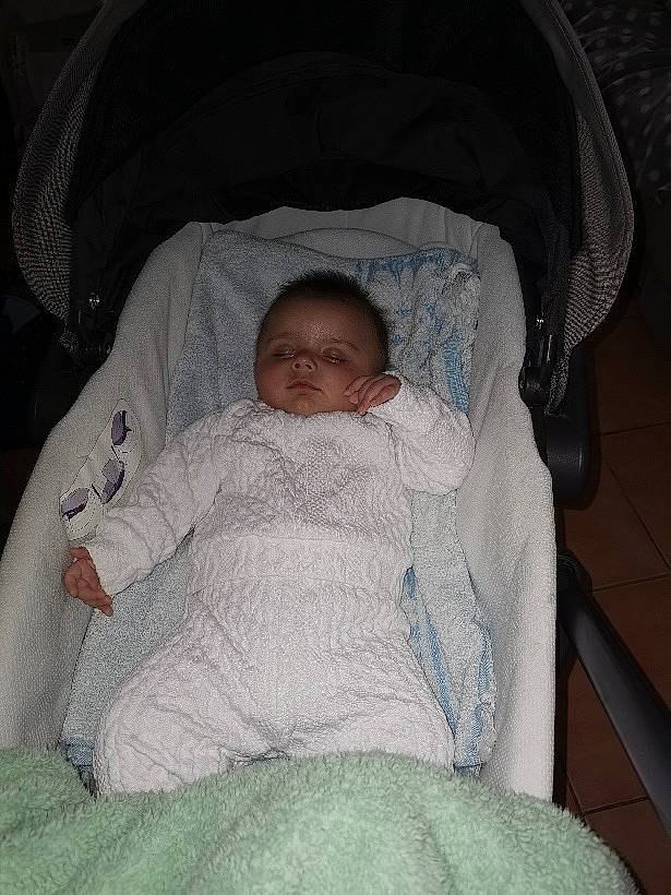 Valentin participe au concours pour gagner de l'argent avec cette photo : baby, baby_products, baby_toddler_clothing, bedtime, cheek, child, chin, comfort, eye, face, finger, head, human_body, infant_bed, linens, person, product, sitting, skin, textile