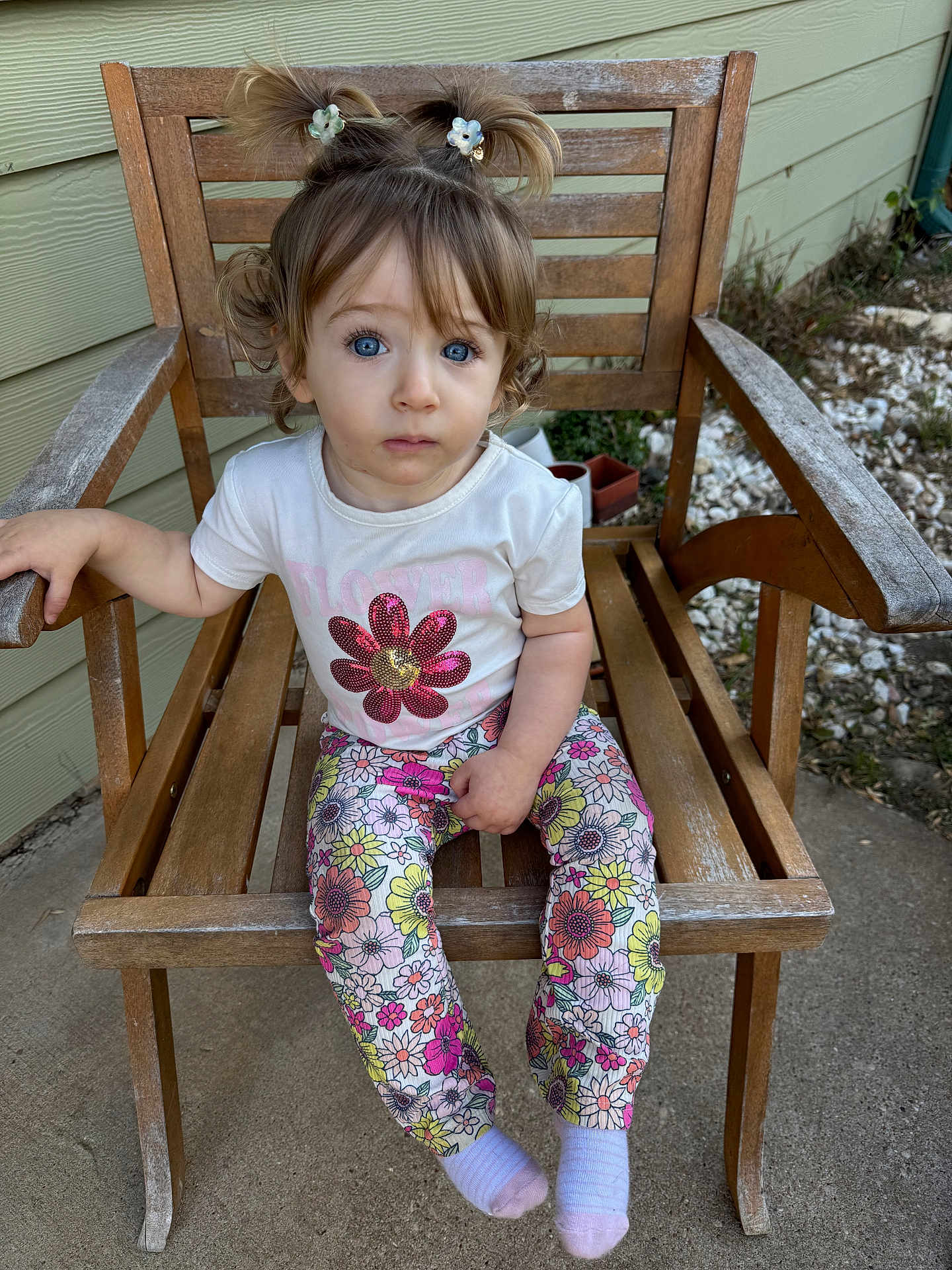 Calli is registered to the contest to win money with this photo: blue_eyes, casual_clothing, child, concrete, curious, daylight, floral_pants, flower_print, green_wall, hair_clips, outdoor, person, pigtails, plants, rocks, seated, socks, toddler, white_shirt, wooden_chair