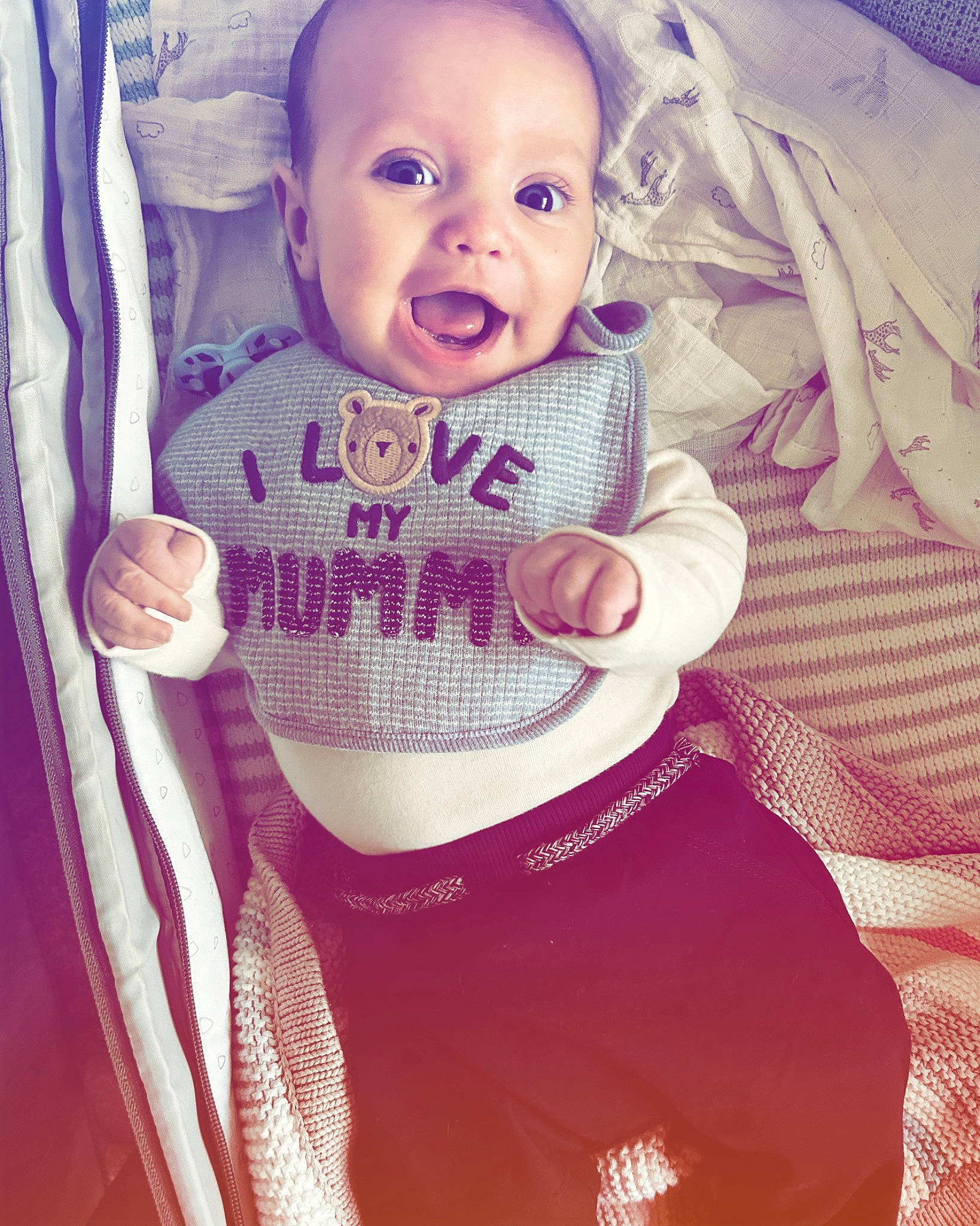 Elijah joined the competition — help win amazing prizes! baby, baby_toddler_clothing, cheek, child, cool, eyelash, font, happy, iris, magenta, mouth, pattern, person, pink, purple, sleeve, smile, t_shirt, textile, toddler