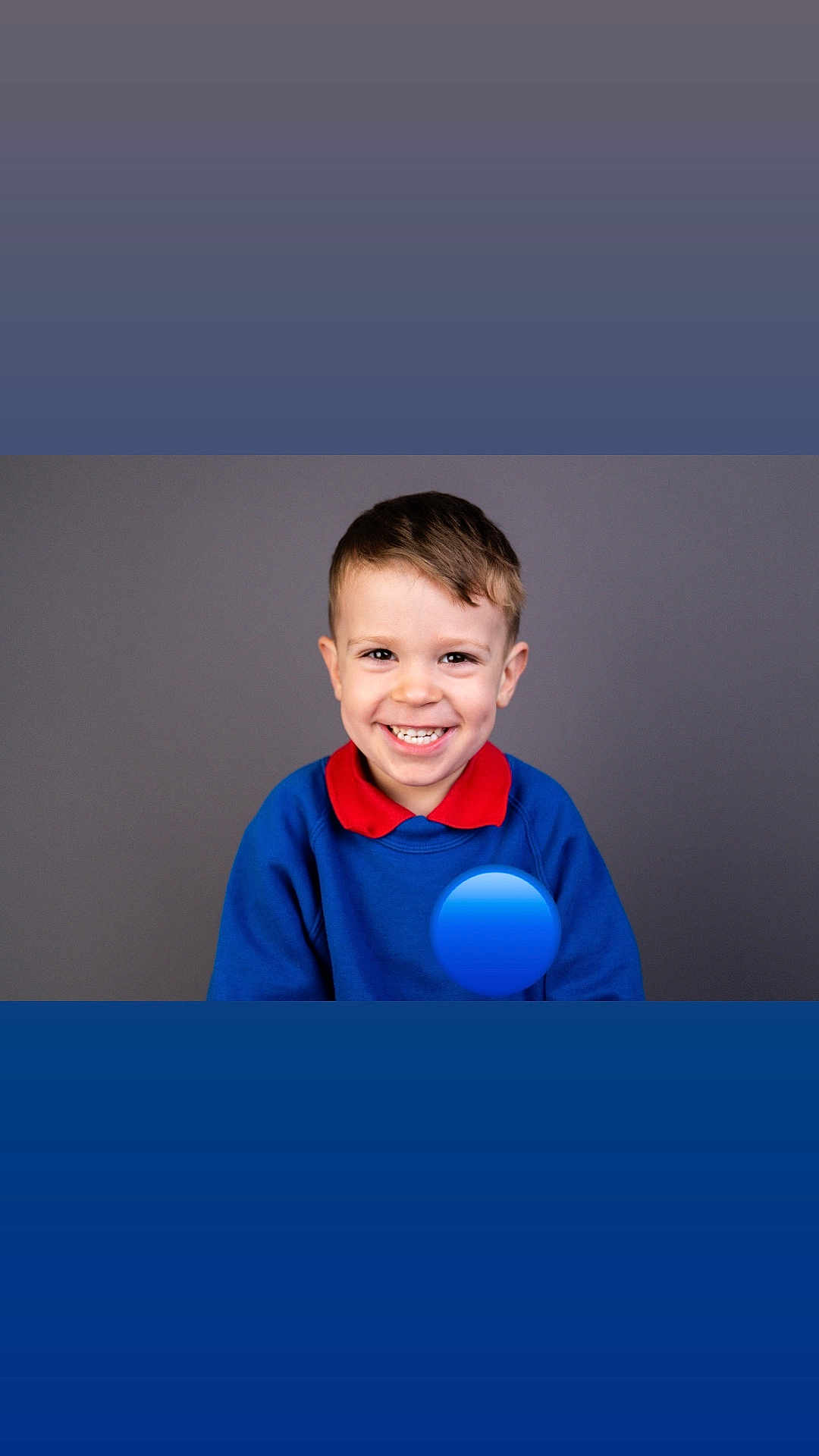Otis is registered to the contest to win money with this photo: child, boy, smiling, portrait, blue_sweater, red_collar, happy, face, casual_clothing, studio, background, cute, young, short_hair, indoors, person, headshot, expression, positive, friendly