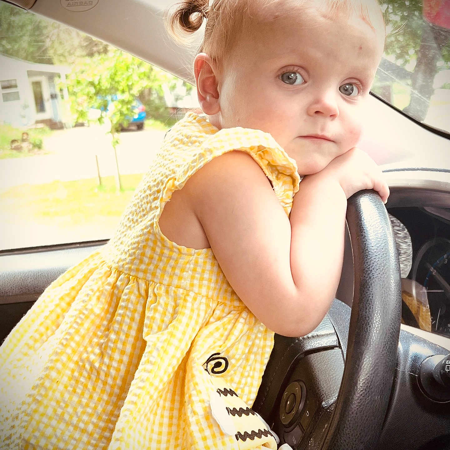 Sykaia is registered to the contest to win money with this photo: baby, car, city, clothing, dress, face, grass, head, person, photography, plant, portrait, road, sitting, steeringwheel, street, summer, transportation, urban, vehicle