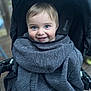 Arié participe au concours pour gagner de l'argent avec cette photo : baby, blue_eyes, child, clothing, cozy, cute, expression, face, happy, hoodie, infant, outdoor, person, portrait, seated, smile, stroller, toddler, warm, young_child