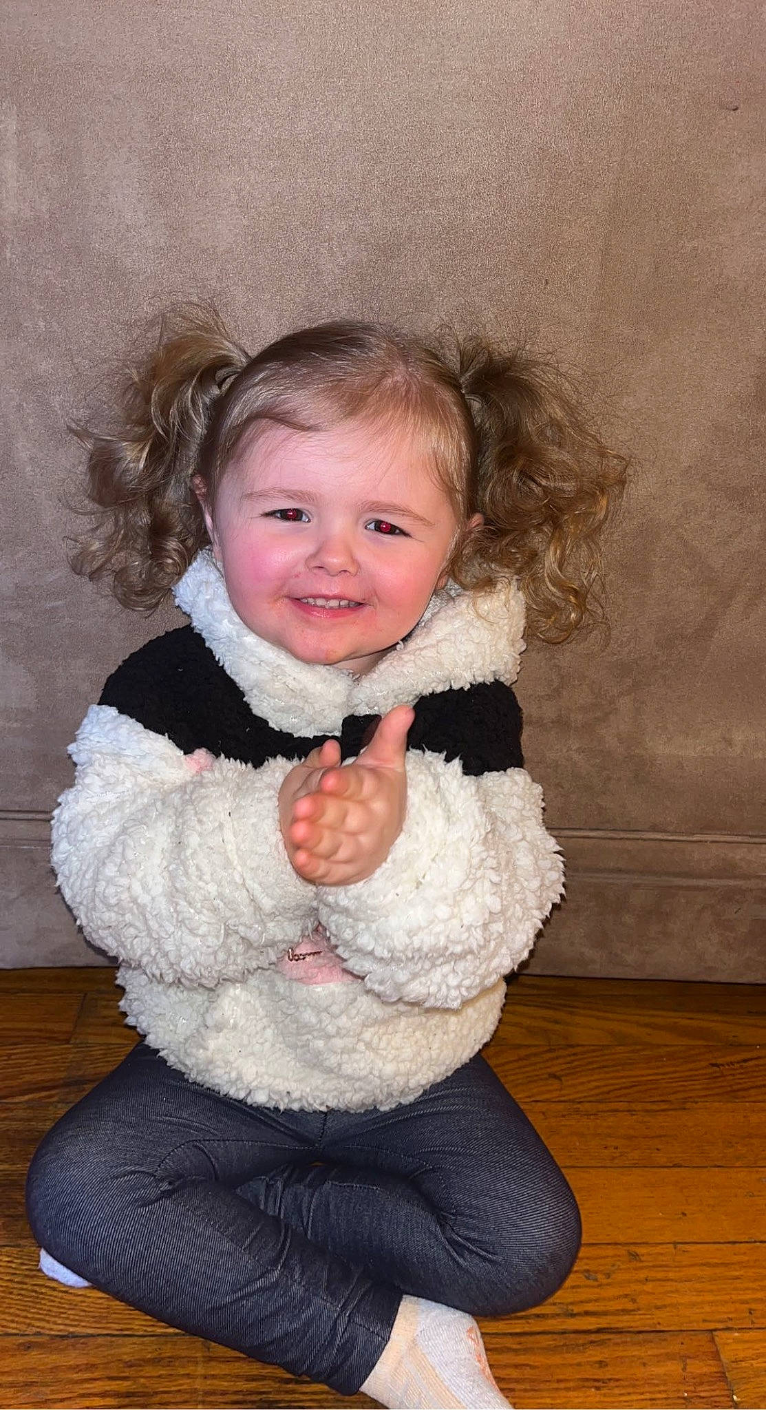 Layla joined the competition — help win amazing prizes! baby_toddler_clothing, cheek, child, chin, eye, face, flash_photography, flooring, hair, happy, head, human_body, iris, joy, neck, nose, person, skin, sleeve, smile