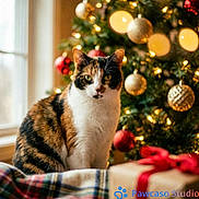 Chloe joined the competition — help win amazing prizes! animal, calico_cat, cat, celebration, christmas_tree, cozy, cute, decorations, feline, festive, gift_box, holiday, home, indoor, lights, ornaments, pets, plaid_blanket, seasonal, window