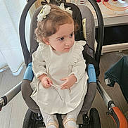 Séréna participe au concours pour gagner de l'argent avec cette photo : toddler, child, stroller, white_dress, curly_hair, hair_bows, indoor, floor, candles, curtains, window, footwear, baby_shoes, hand, face, person, seat, car_seat, home, furniture