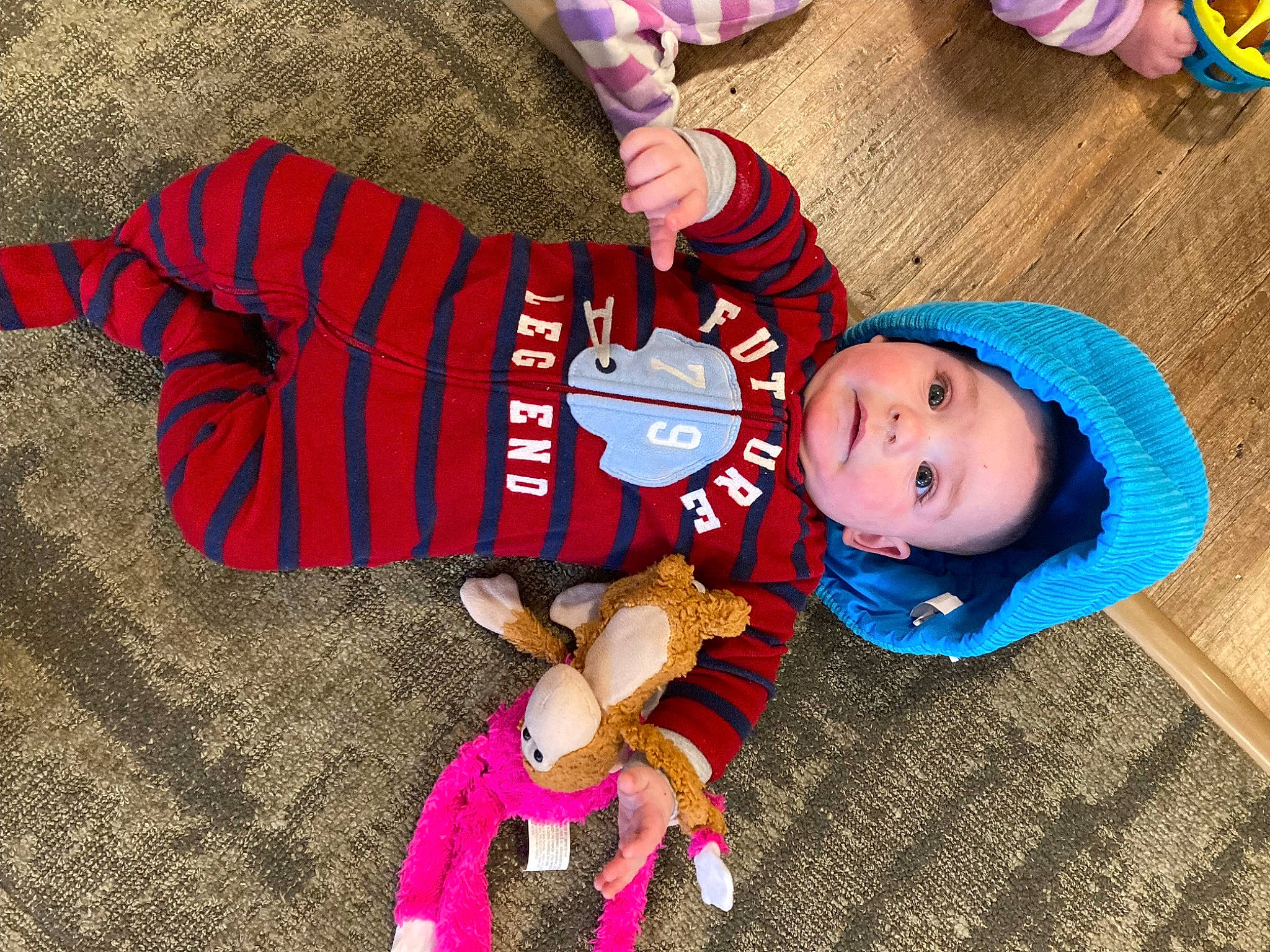 Leonidas joined the competition — help win amazing prizes! baby, baby_toddler_clothing, child, electric_blue, fun, grass, happy, hat, holiday, leg, person, plant, play, red, sitting, sleeve, smile, sock, toddler, tree