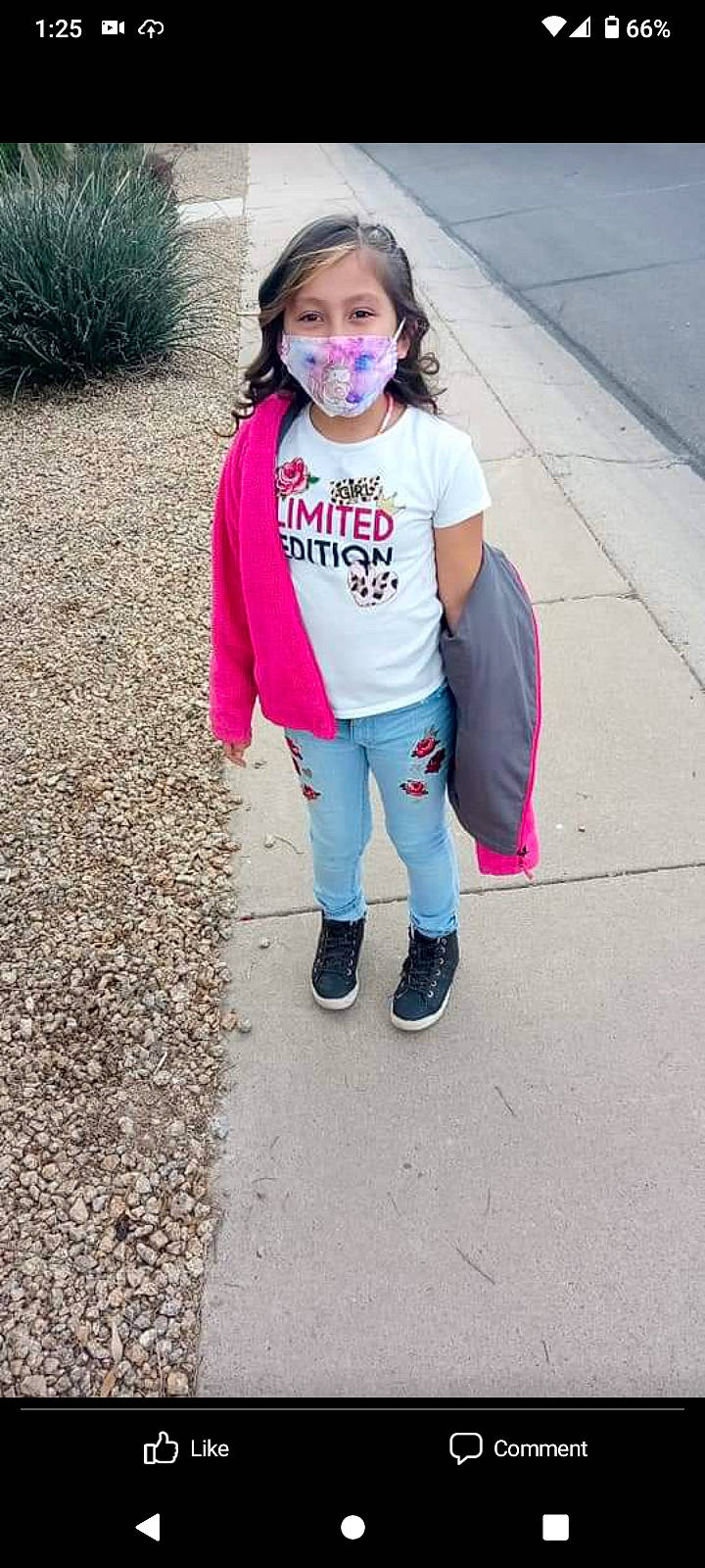 Laylah is registered to the contest to win money with this photo: asphalt, denim, electric_blue, eyewear, happy, head, jeans, leg, leisure, magenta, person, pink, recreation, road_surface, sidewalk, sleeve, smile, sneakers, street_fashion, t_shirt