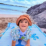 Sj joined the competition — help win amazing prizes! toddler, child, beach, sand, mat, hat, smiling, crawling, ocean, rocks, sky, clouds, sunny, outdoor, vacation, water, nature, happy, portrait, summer