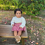 Valerie Alonzo joined the competition — help win amazing prizes! autumn, bench, casual_clothing, child, curly_hair, cute, fall, golden_shoes, grass, ground, leaves, nature, outdoor, person, pink_skirt, portrait, sitting, toddler, wood, young_child
