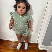 Valerie Alonzo is registered to the contest to win money with this photo: toddler, child, girl, standing, green_outfit, pigtails, curly_hair, white_wall, wooden_floor, sneakers, socks, indoors, casual_clothing, portrait, cute, young_child, person, full_body, expression, looking_up