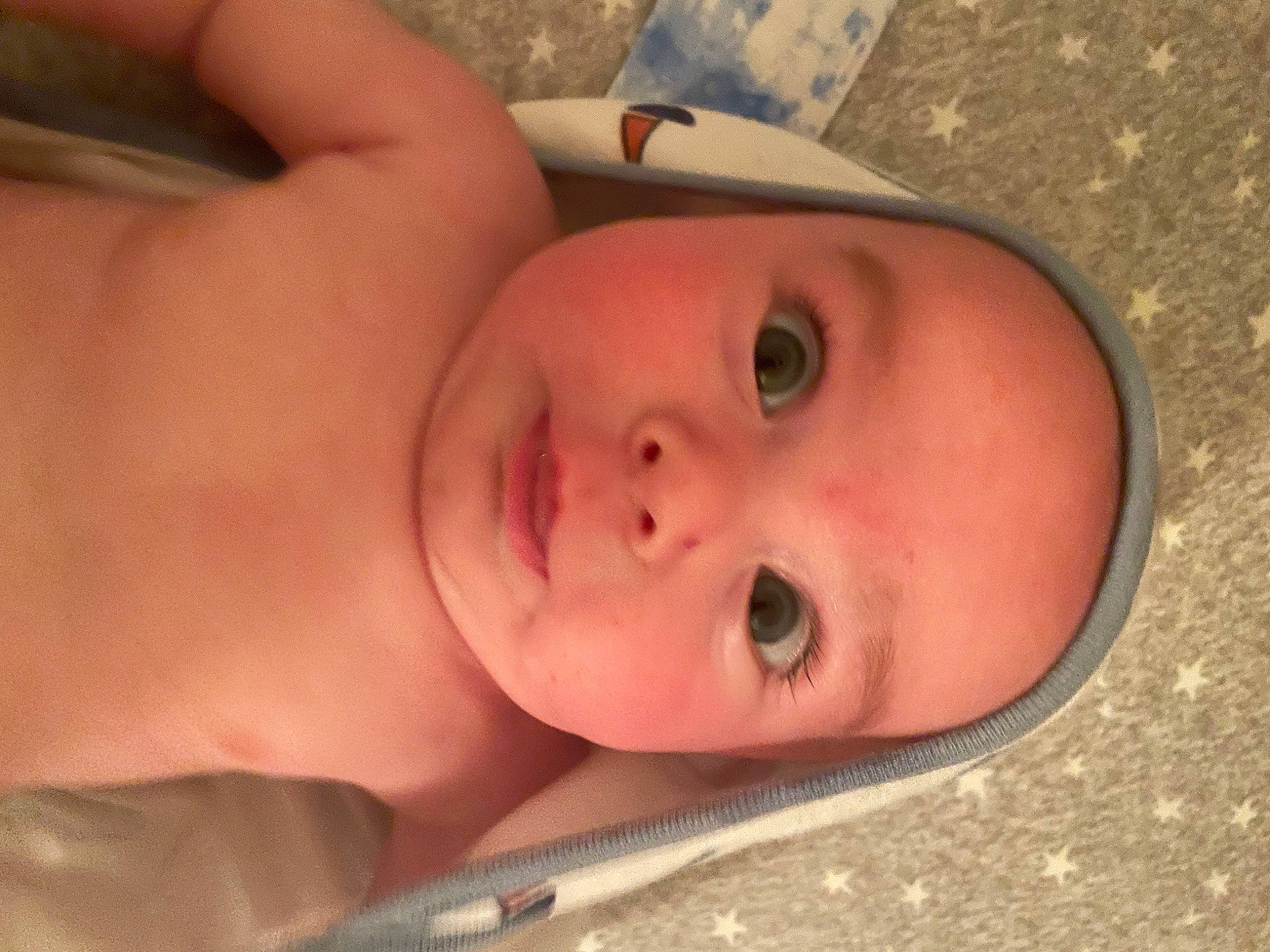 Liam is registered to the contest to win money with this photo: arm, art, baby, cheek, chest, chin, ear, eyelash, fun, hair, hand, happy, human_body, iris, lip, neck, nose, person, smile, toddler