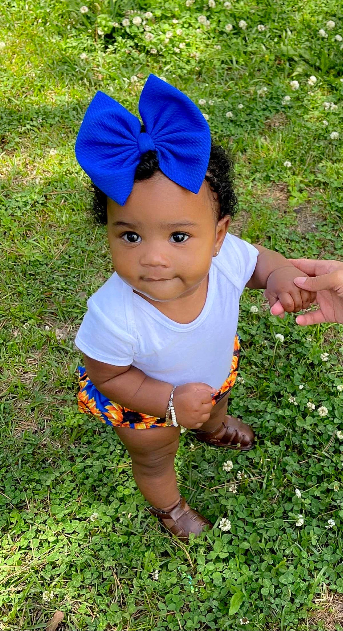 Emani is registered to the contest to win money with this photo: baby, baby_toddler_clothing, child, costume_hat, electric_blue, fashion_accessory, fun, grass, grassland, groundcover, happy, hat, head, headgear, headwear, magenta, pattern, people_in_nature, person, plant