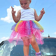 Kira joined the competition — help win amazing prizes! blue_sky, car_hood, casual, child, clouds, colorful, cute, fashion, fun, girl, hair_bows, looking_down, outdoor, pink_sneakers, playful, rainbow, standing, summer, toy_story_twinkle_toes, tutu