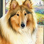 Prince Patrick joined the competition — help win amazing prizes! animal, animal_portrait, artistic, castle, collie, colorful, dog, flowers, fluffy, garden, illustration, indoor, landscape, nature, paint_splatter, portrait, soft_colors, tree, watercolor_painting, window