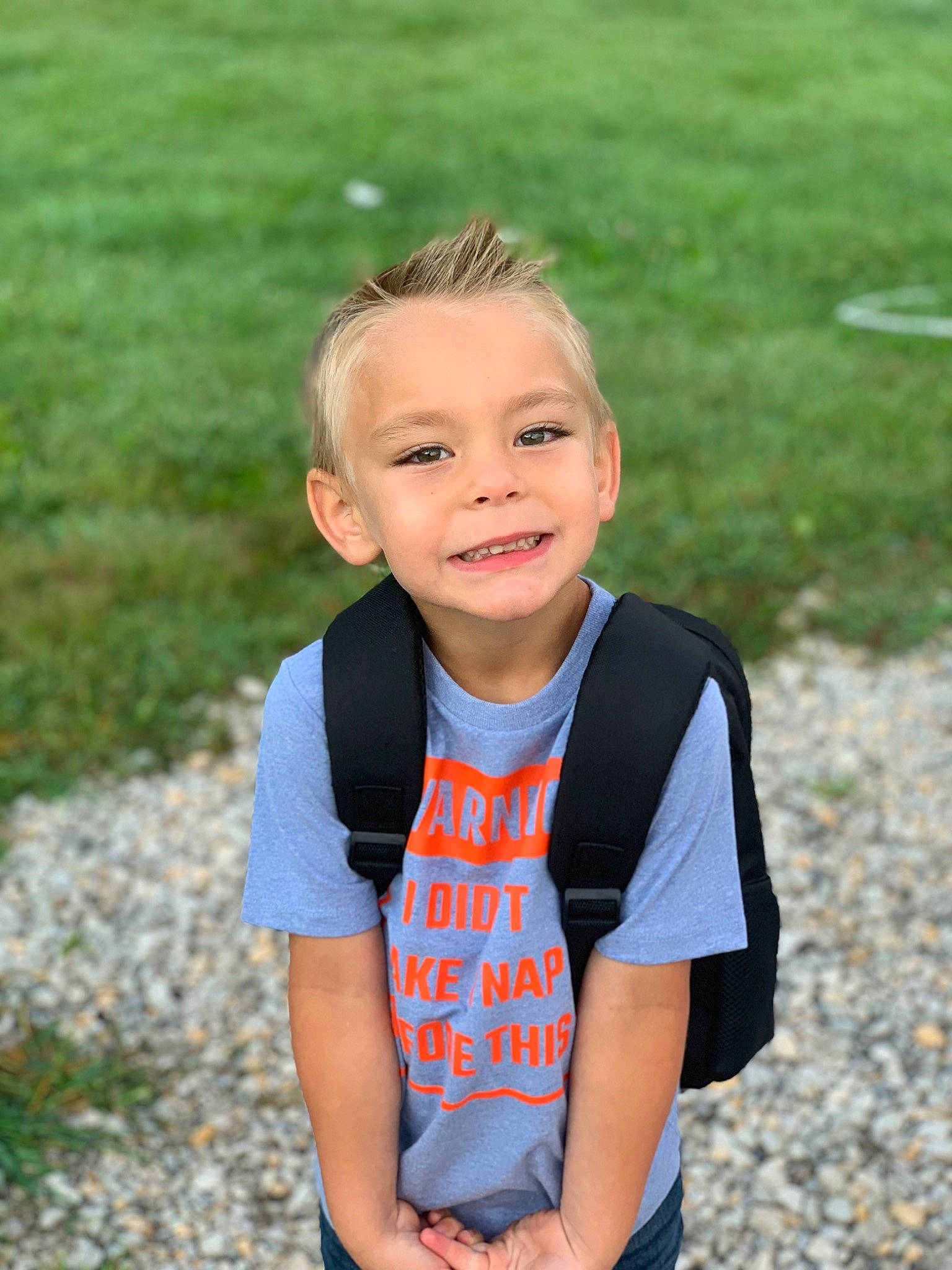 Brenton joined the competition — help win amazing prizes! adventure, backpack, blond, child, electric_blue, fun, grass, happy, joy, leisure, luggage_and_bags, neck, pattern, people_in_nature, person, personal_protective_equipment, recreation, smile, summer, t_shirt