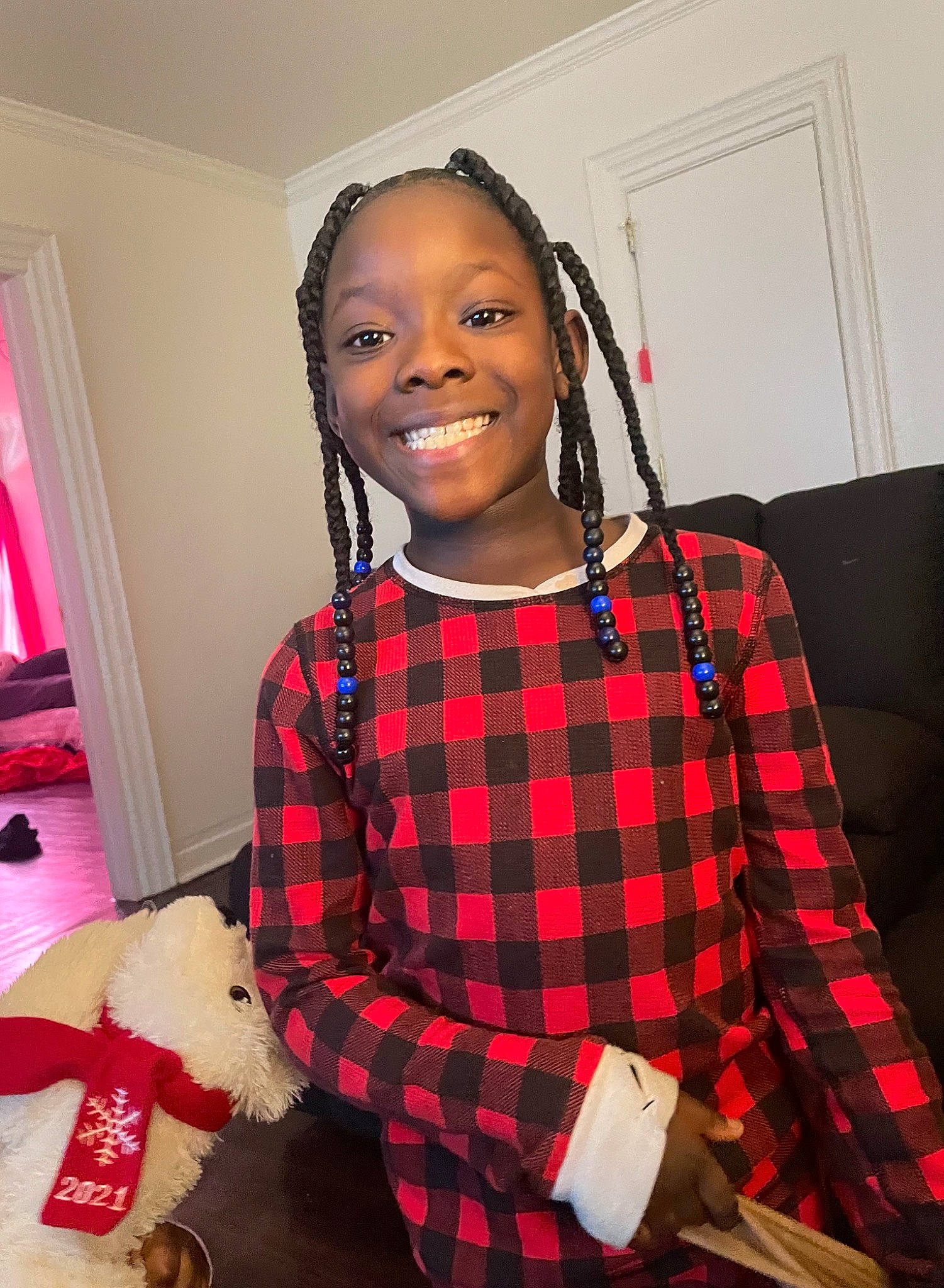 Apryl joined the competition — help win amazing prizes! baby_toddler_clothing, black_hair, child, curtain, event, fashion_design, formal_wear, fun, fur, happy, head, joy, pattern, person, plaid, room, sleeve, smile, tartan, teddy_bear