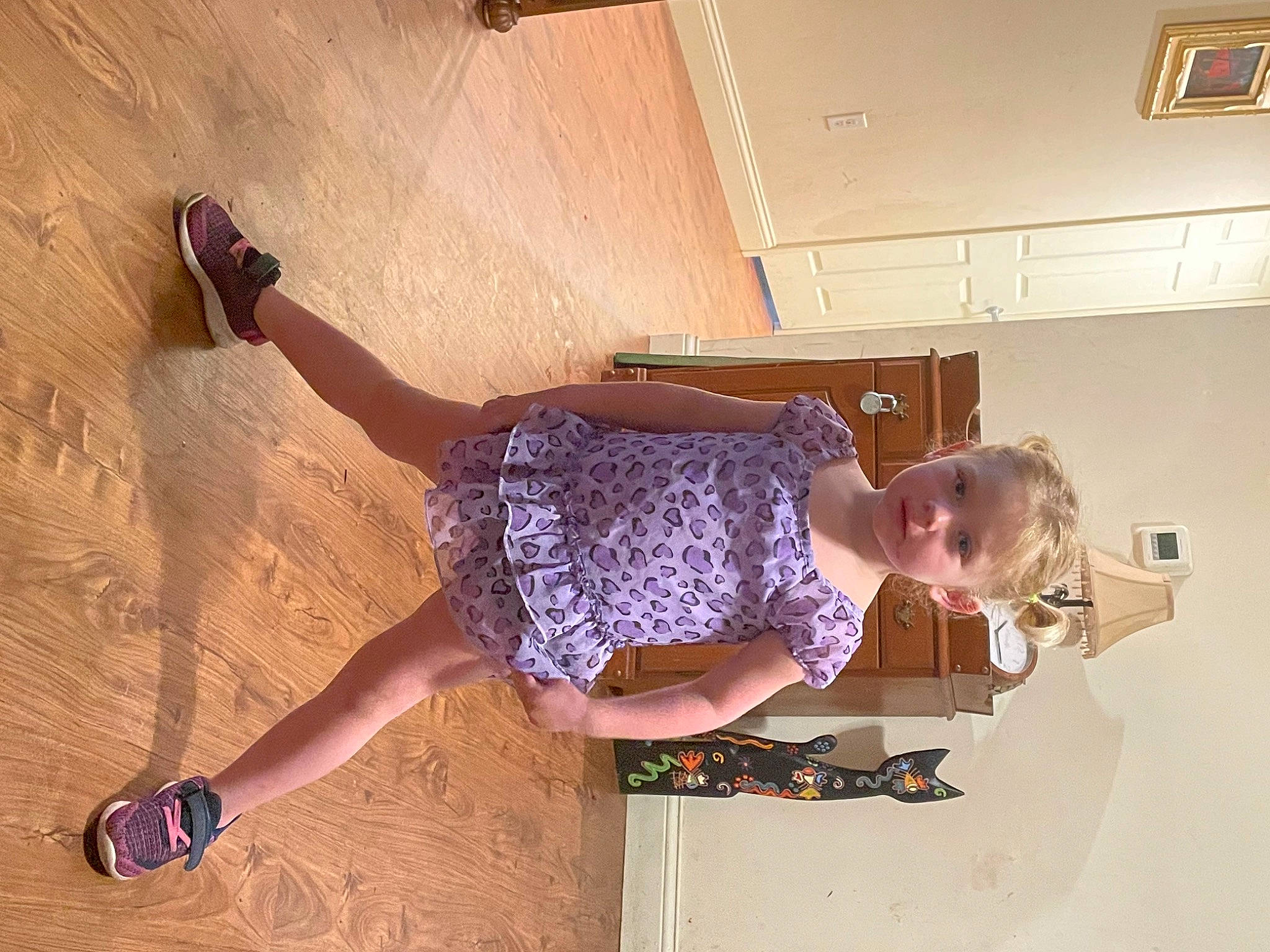 Jaylynn joined the competition — help win amazing prizes! arm, balance, boot, calf, ceiling, dress, fashion_design, flooring, fun, happy, hardwood, human_leg, joint, knee, magenta, person, room, sandal, thigh, waist
