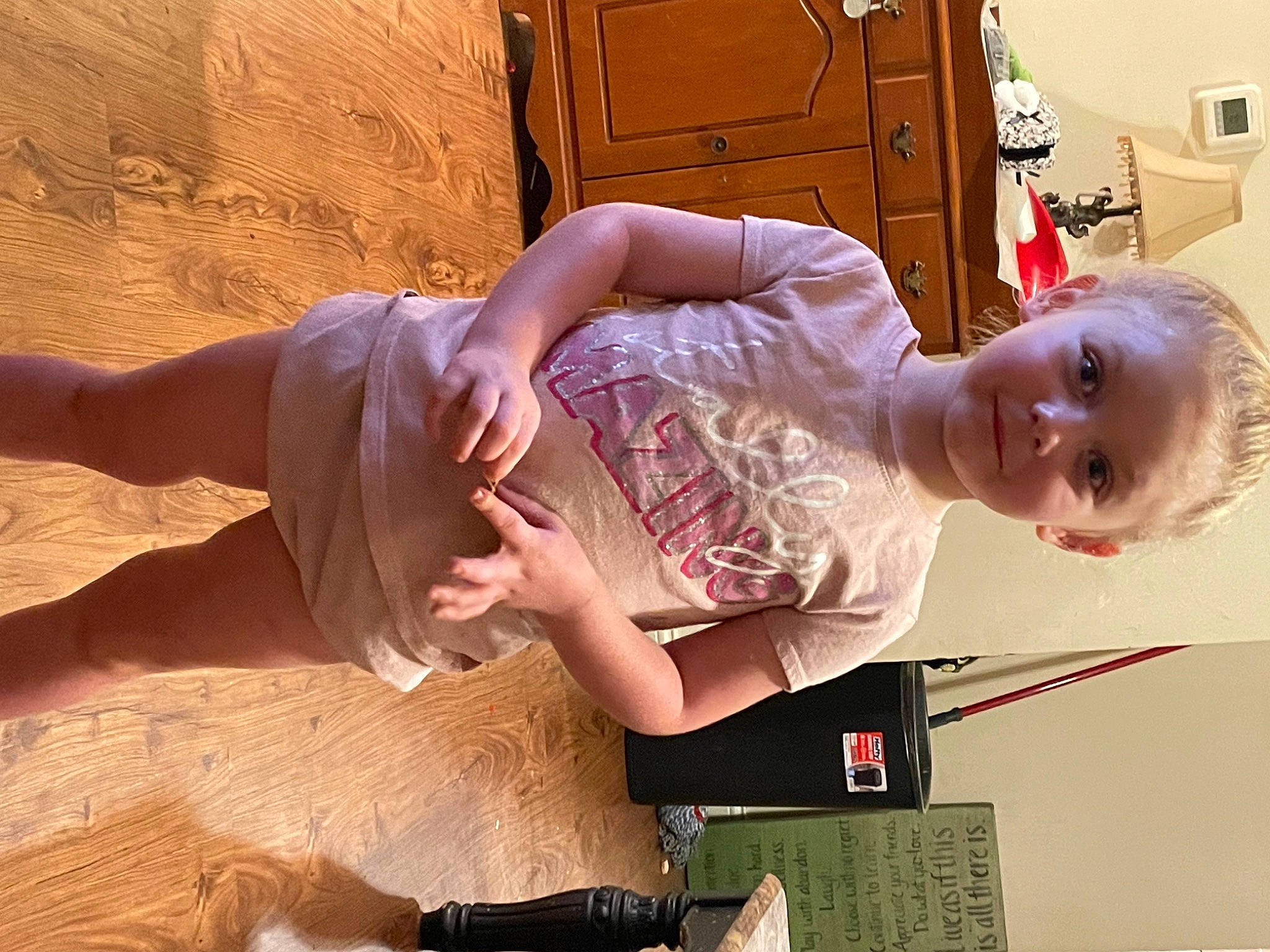Jaylynn joined the competition — help win amazing prizes! abdomen, baby, elbow, flesh, fun, happy, human_leg, joint, knee, person, room, shoulder, sitting, smile, t_shirt, thigh, toddler, trunk, waist, wood