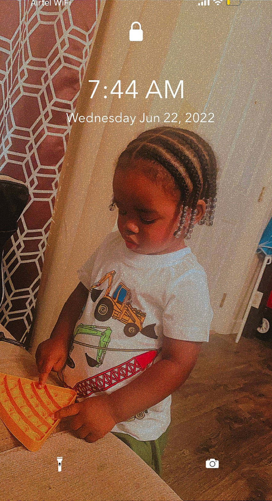 Kiersten is registered to the contest to win money with this photo: arm, baby_toddler_clothing, child, cool, eyelash, facial_expression, fashion_accessory, flooring, font, hair, happy, head, headpiece, jewellery, neck, pattern, person, sleeve, t_shirt, toddler