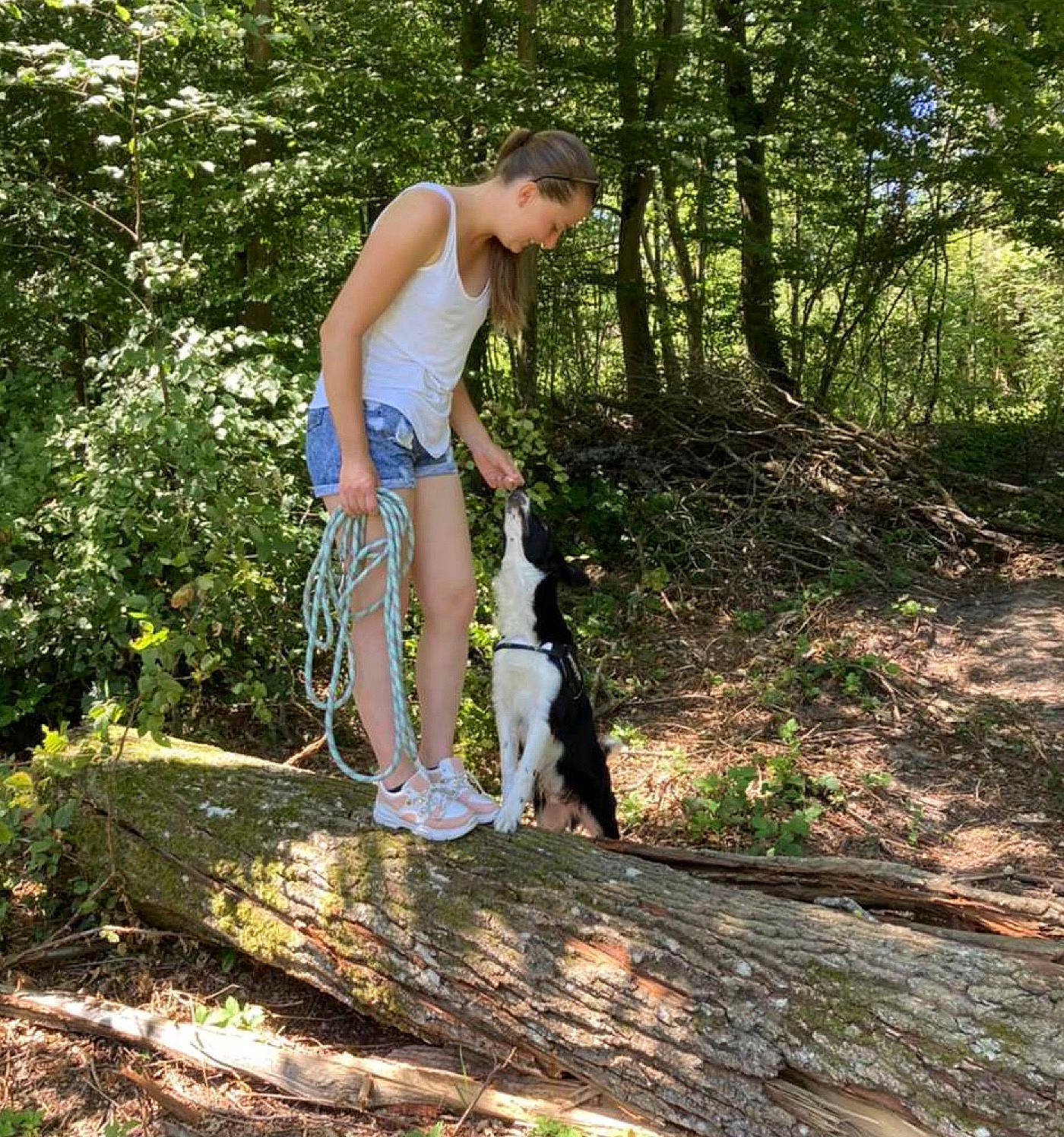 Riley a rejoint le concours — aidez-le/la à gagner de superbes lots ! carnivore, fawn, forest, fun, grass, human_leg, knee, landscape, leg, leisure, people_in_nature, plant, recreation, soil, thigh, tree, trunk, wood, woodland