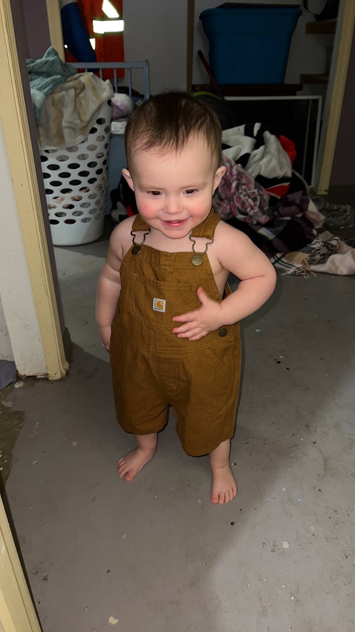 Brenna joined the competition — help win amazing prizes! baby, baby_toddler_clothing, barefoot, chair, cheek, chest, eye, face, floor, flooring, foot, hardwood, human_leg, joy, person, room, skin, sleeve, smile, toddler