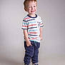 child, boy, smiling, standing, striped_shirt, pants, shoes, indoor, studio, portrait, happy, casual_clothing, footwear, cute, young, light_background, full_length, posing, small_child, playful