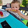 child, boy, snack, pastry, raspberries, plate, table, outdoor, garden, greenery, chair, smile, white_shirt, food, summer, daylight, happy, face, seat, backyard