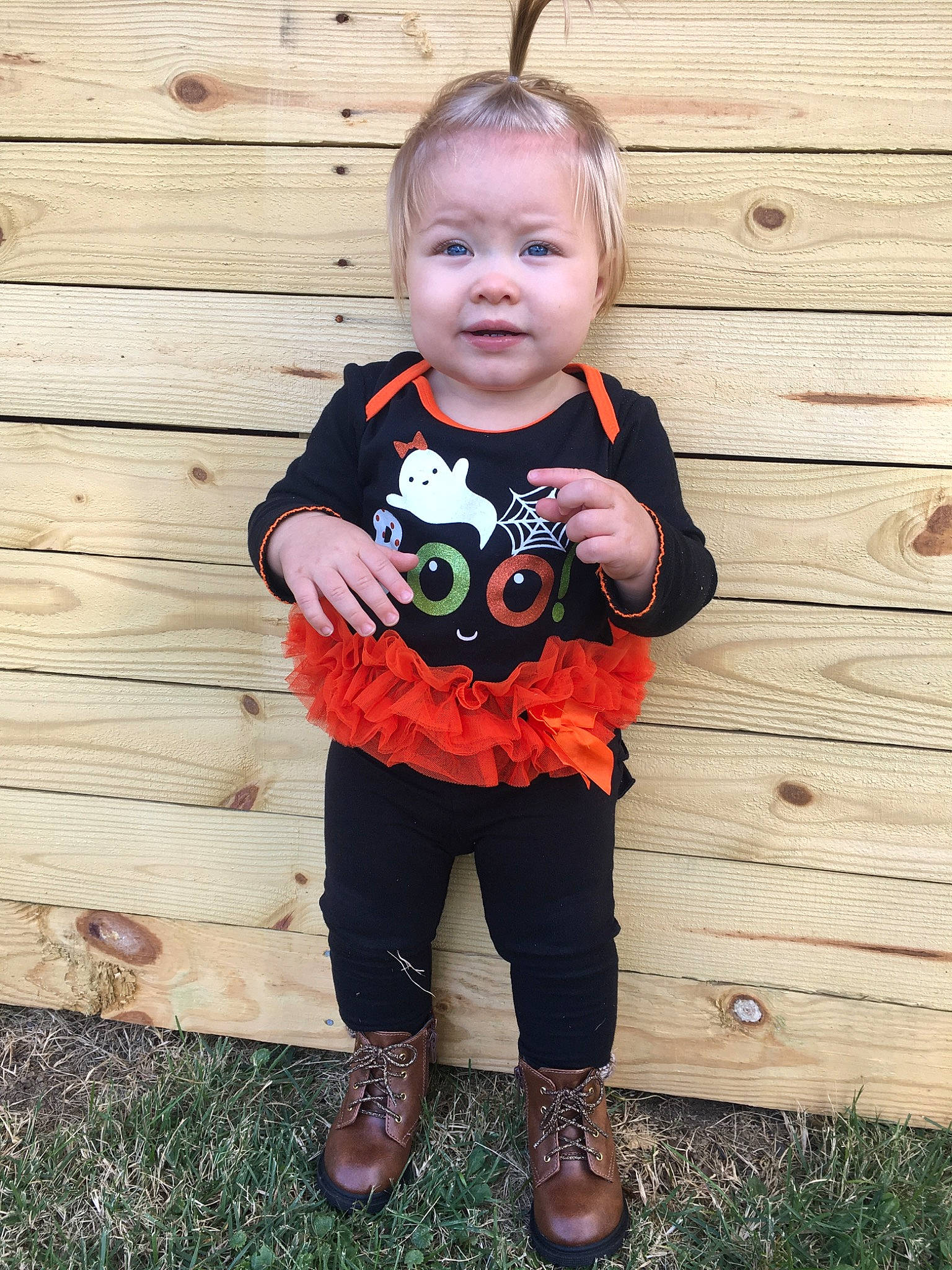 Sienna joined the competition — help win amazing prizes! baby, baby_products, baby_toddler_clothing, child, clothing, costume, footwear, orange, outerwear, pattern, person, personal_protective_equipment, plant, play, pumpkin, shoe, sleeve, sportswear, t_shirt, toddler