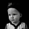 black_and_white, casual_clothing, child, childhood, closeup, curious, cute, expression, face, hat, headwear, innocent, looking_away, monochrome, person, portrait, soft_light, striped_shirt, studio, young