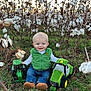 toddler, child, cotton_field, green_vest, toy_tractor, plush_toy, grass, plants, sunset, nature, outdoor, blue_jeans, smiling, sitting, blond_hair, happy, clothing, ground, daylight, farm