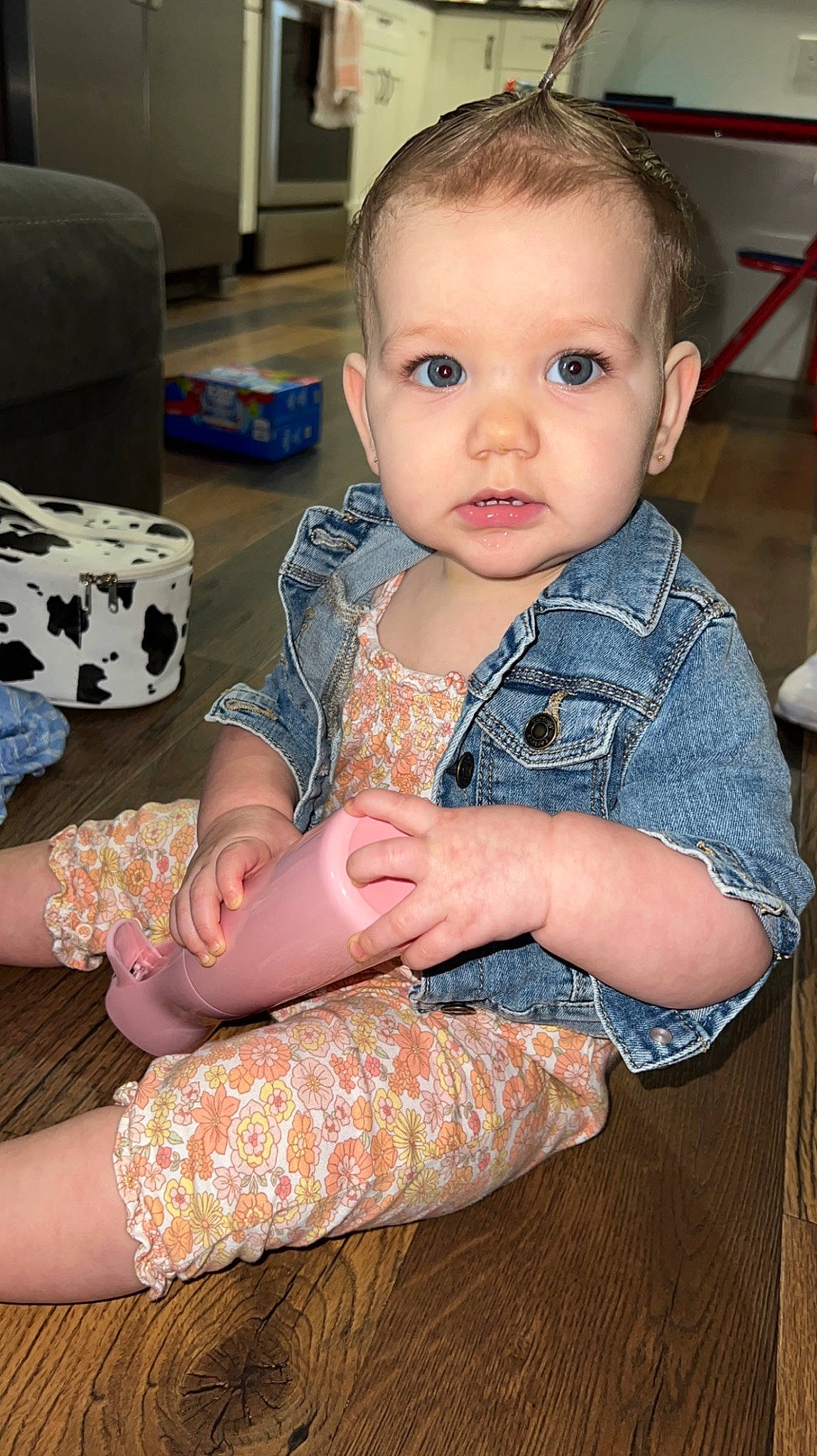 Emersyn joined the competition — help win amazing prizes! baby, baby_toddler_clothing, cheek, child, eye, eyelash, face, finger, flooring, hair, hand, head, human_leg, pattern, person, sitting, skin, sleeve, t_shirt, thigh