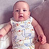 Giulio a rejoint le concours — aidez-le/la à gagner de superbes lots ! baby, infant, onesie, bird_pattern, couch, cushion, soft_furniture, indoor, child, portrait, cute, relaxed, seated, smiling, looking_at_camera, chubby_arms, chubby_legs, home_interior, fabric, comfort