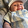 baby, child, infant, cap, smile, face, overalls, clothing, striped, button, arm, blanket, texture, portrait, cute, soft, happy, person, headwear, closeup