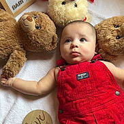 Itai is registered to the contest to win money with this photo: baby, child, closeup, cute, expression, face, five_months, indoors, infant, love_heart, lying_down, milestone, person, plush_toy, portrait, red_overalls, soft_toys, teddy_bear, white_blanket, wooden_plaque