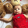 baby, child, closeup, cute, expression, face, five_months, indoors, infant, love_heart, lying_down, milestone, person, plush_toy, portrait, red_overalls, soft_toys, teddy_bear, white_blanket, wooden_plaque