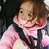Luuna a rejoint le concours — aidez-le/la à gagner de superbes lots ! baby, blanket, car_seat, casual, child, cozy, curly_hair, cute, face, indoors, infant, pacifier, person, pink_hoodie, portrait, safety_harness, seat_belt, toddler, warm_clothing, young_child