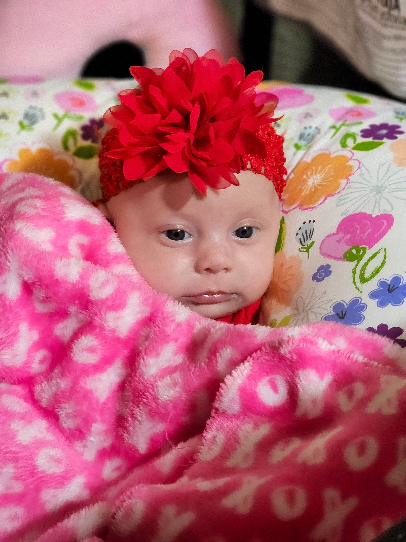 Brynleigh joined the competition — help win amazing prizes! baby, baby_toddler_clothing, cap, comfort, costume_hat, dress, eye, eyelash, face, hat, head, headband, headpiece, headwear, iris, lip, magenta, person, petal, pink