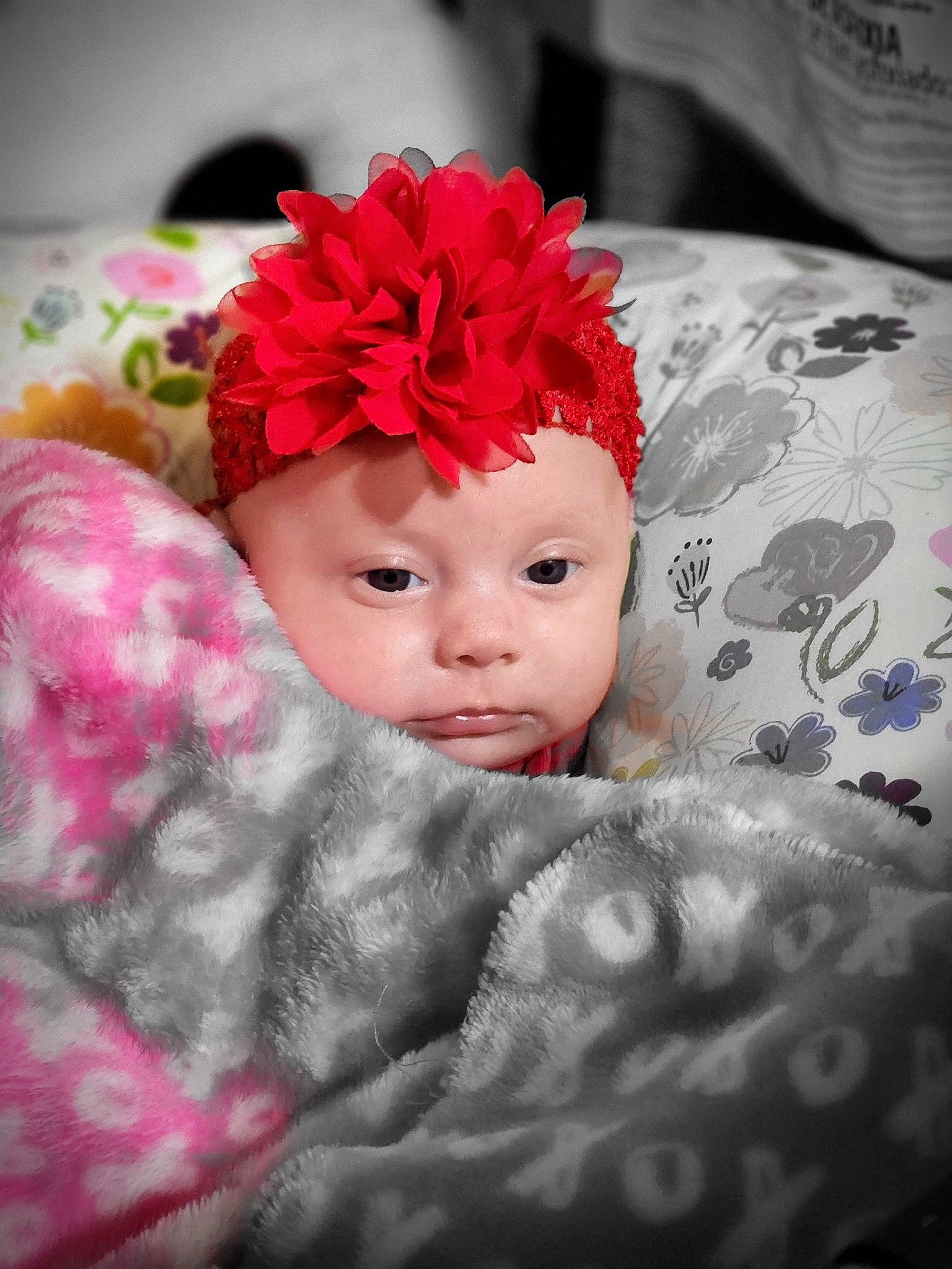 Brynleigh is registered to the contest to win money with this photo: baby, baby_toddler_clothing, cap, child, close_up, costume_hat, flower, hair_accessory, hat, headband, headpiece, headwear, linens, lip, magenta, pattern, peach, person, petal, pink