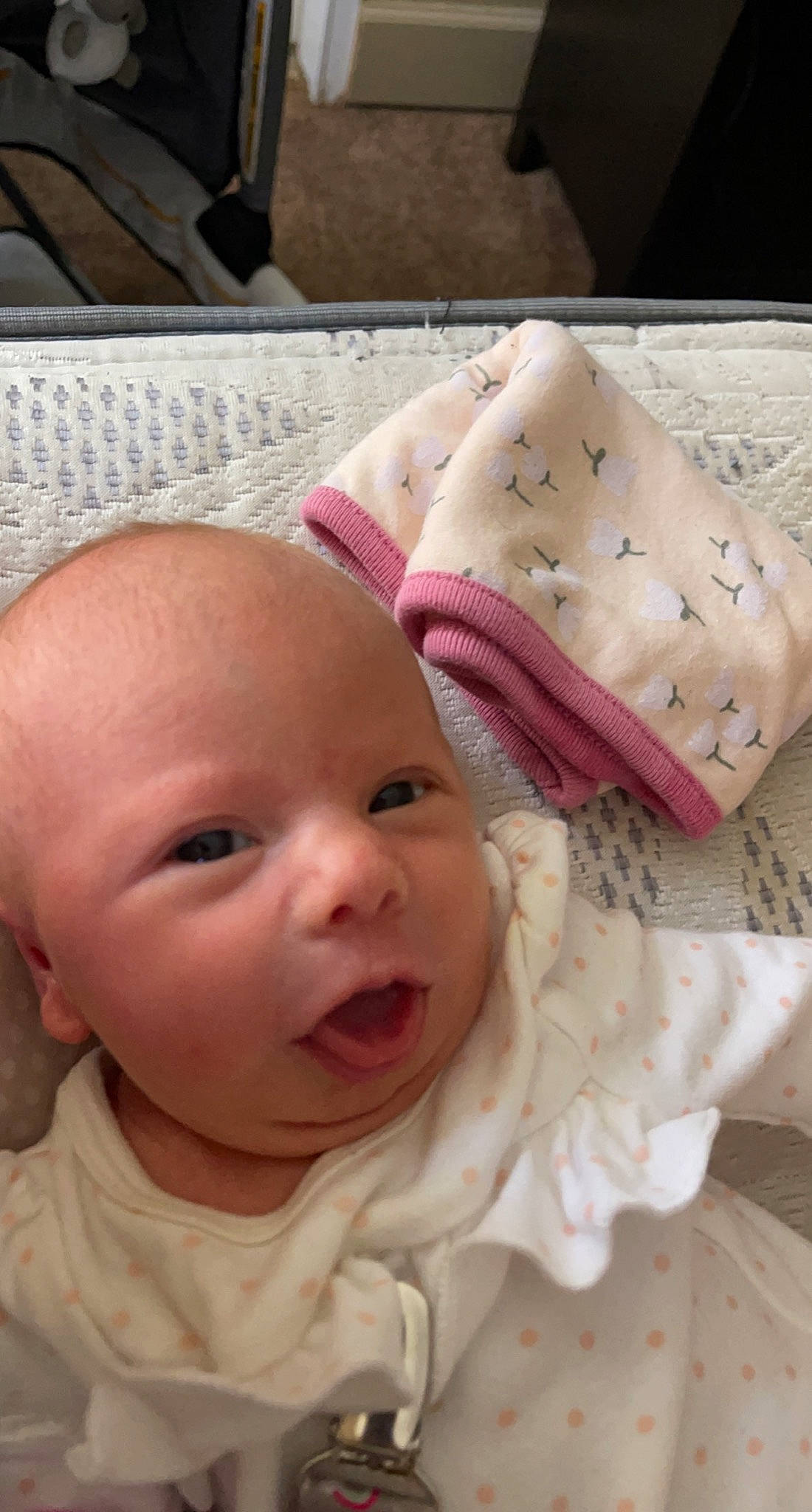 Brynleigh joined the competition — help win amazing prizes! baby, baby_toddler_clothing, cheek, chin, comfort, eye, eyelash, face, happy, head, headgear, iris, lip, nose, person, pink, skin, sleeve, smile, textile