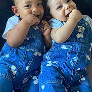 Zayn Et Yazan participe au concours pour gagner de l'argent avec cette photo : toddler, child, smiling, denim, overalls, mickey_mouse, cute, happy, couch, indoor, playful, siblings, portrait, baby, clothing, fun, two_children, laughing, hair, closeup