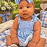 baby, child, infant, portrait, sitting, smiling, wide_eyed, blue_dress, gingham, hair_bow, bow, baby_shoes, lace, daisies, flowers, garden, outdoor, blanket, basket, heart_decoration