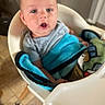 Lorenzo joined the competition — help win amazing prizes! baby, child, high_chair, blanket, indoor, floor, person, clothing, face, expression, seated, furniture, home, curious, infant, head, mouth_open, blue, green, gray