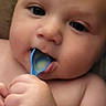 baby, infant, spoon, hand, chewing, face, skin, curious, closeup, mouth, blue, cute, chubby, expression, indoor, child, young, portrait, person, soft