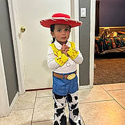Gabriella joined the competition — help win amazing prizes! child, costume, cowboy, hat, red_hat, yellow_cuffs, blue_pants, cow_print, belt, indoor, tiled_floor, dog, bedroom, carpet, door, wall, light_switch, person, standing, curtain
