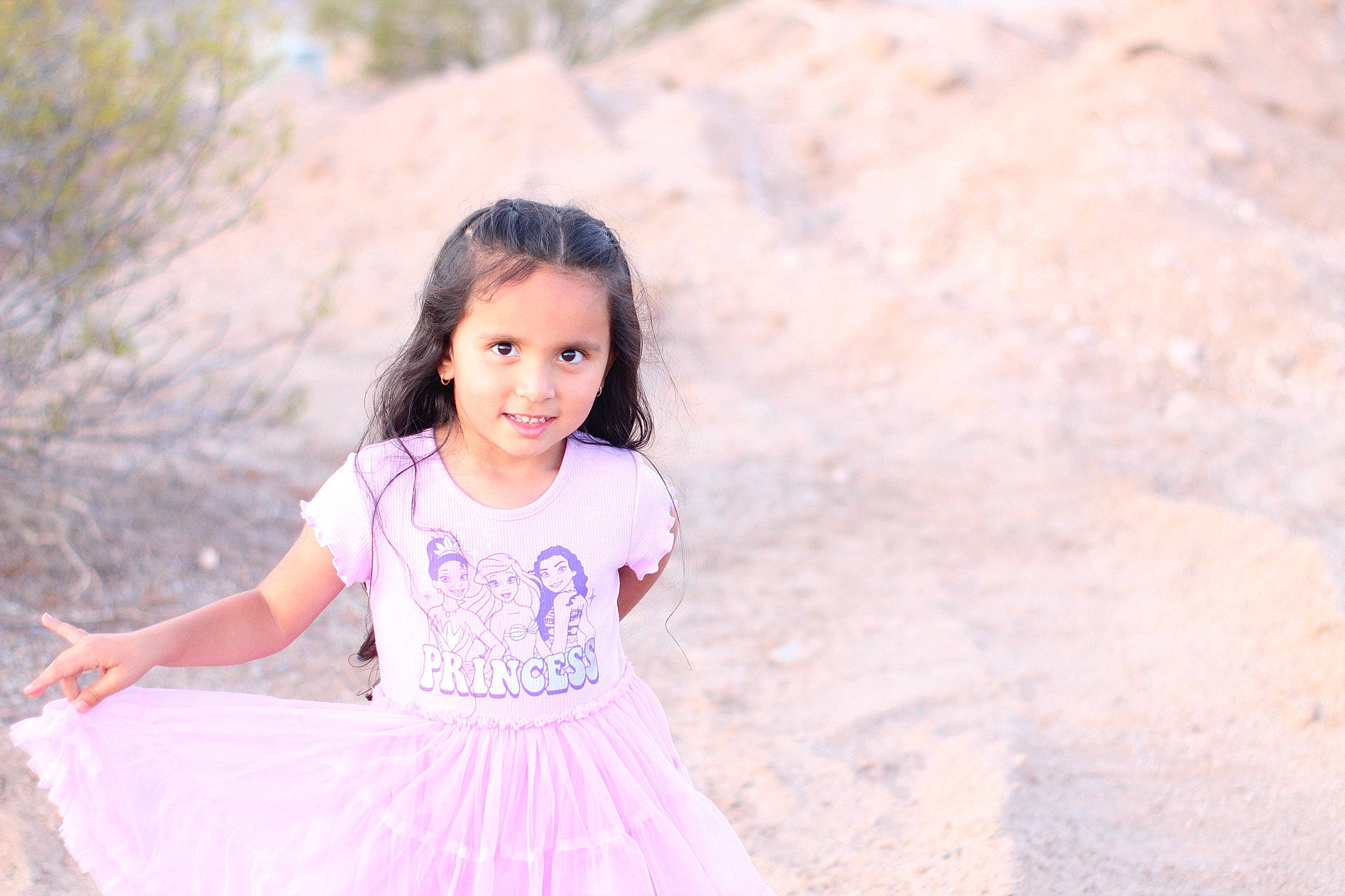 Gabriella is registered to the contest to win money with this photo: casual, child, cute, dress, fashion, girl, happy, long_hair, nature, outdoor, person, pink, playful, portrait, princess_dress, sandy_path, smiling, standing, sunlight, young